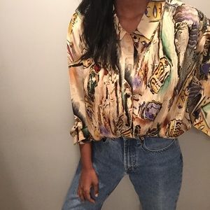 Vintage Ancient Egyptian Printed Button Up Blouse